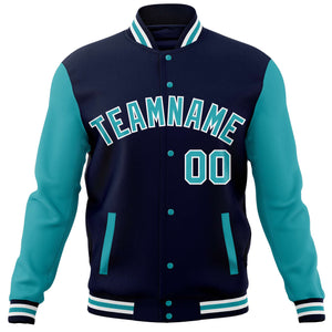 Custom Navy Aqua Varsity Full-Snap Raglan Sleeves Letterman Baseball Jacket