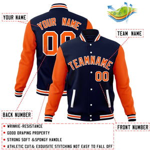 Custom Navy Orange Varsity Full-Snap Raglan Sleeves Letterman Baseball Jacket