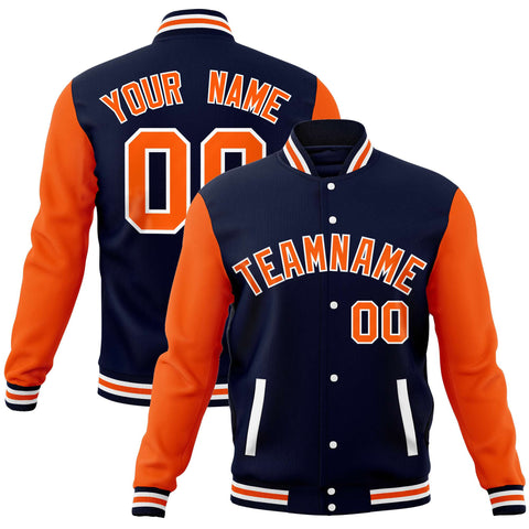 Custom Navy Orange Varsity Full-Snap Raglan Sleeves Letterman Baseball Jacket
