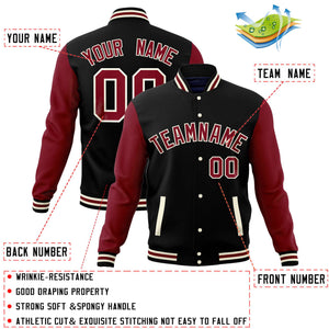 Custom Black Crimson Varsity Full-Snap Raglan Sleeves Letterman Baseball Jacket