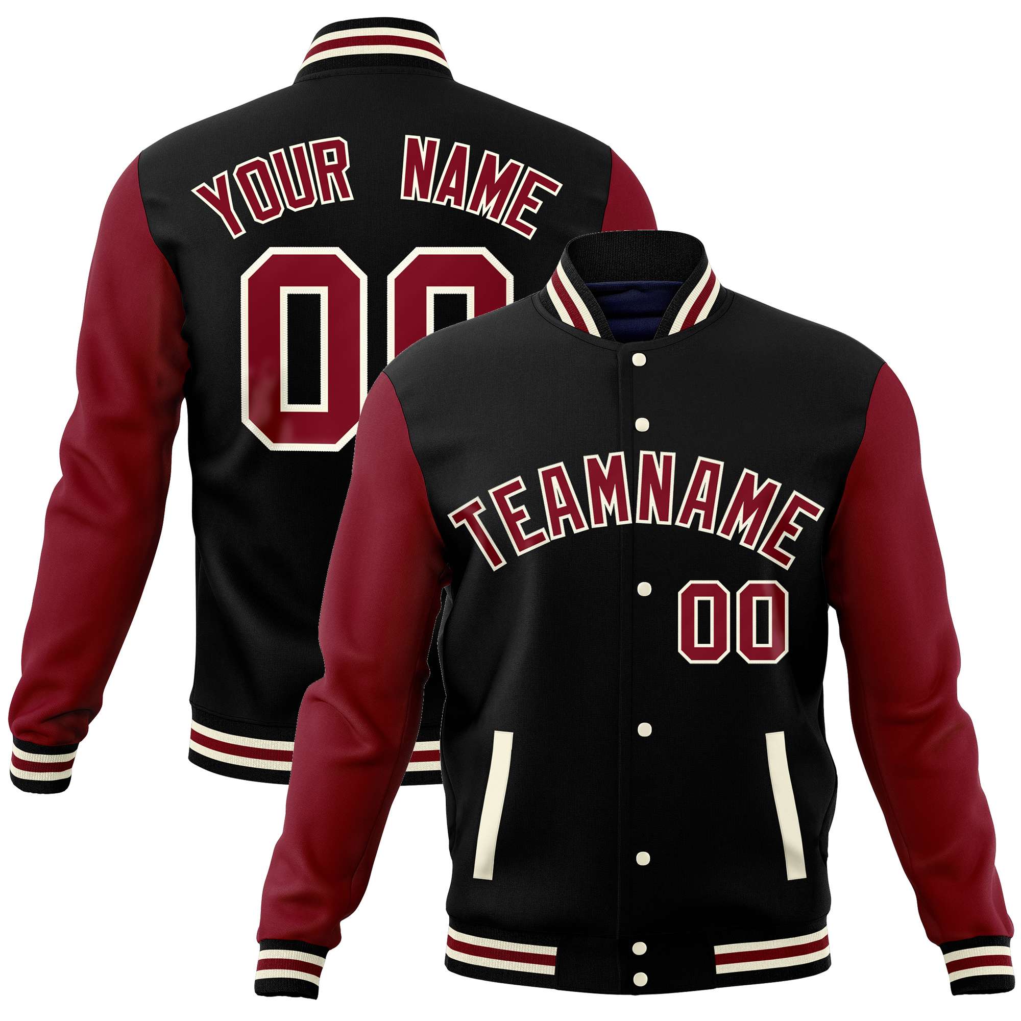 Custom Black Crimson Varsity Full-Snap Raglan Sleeves Letterman Baseball Jacket