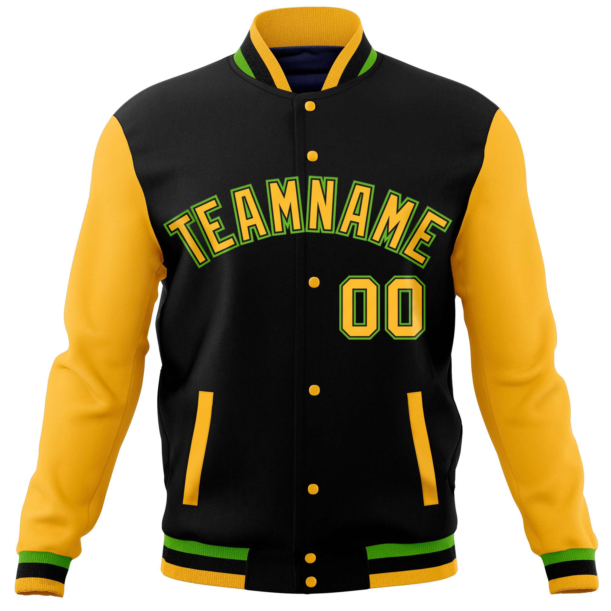 Custom Black Gold Varsity Full-Snap Raglan Sleeves Letterman Baseball Jacket