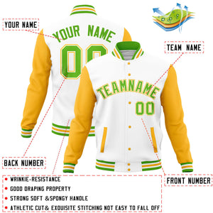 Custom White Gold Varsity Full-Snap Raglan Sleeves Letterman Baseball Jacket