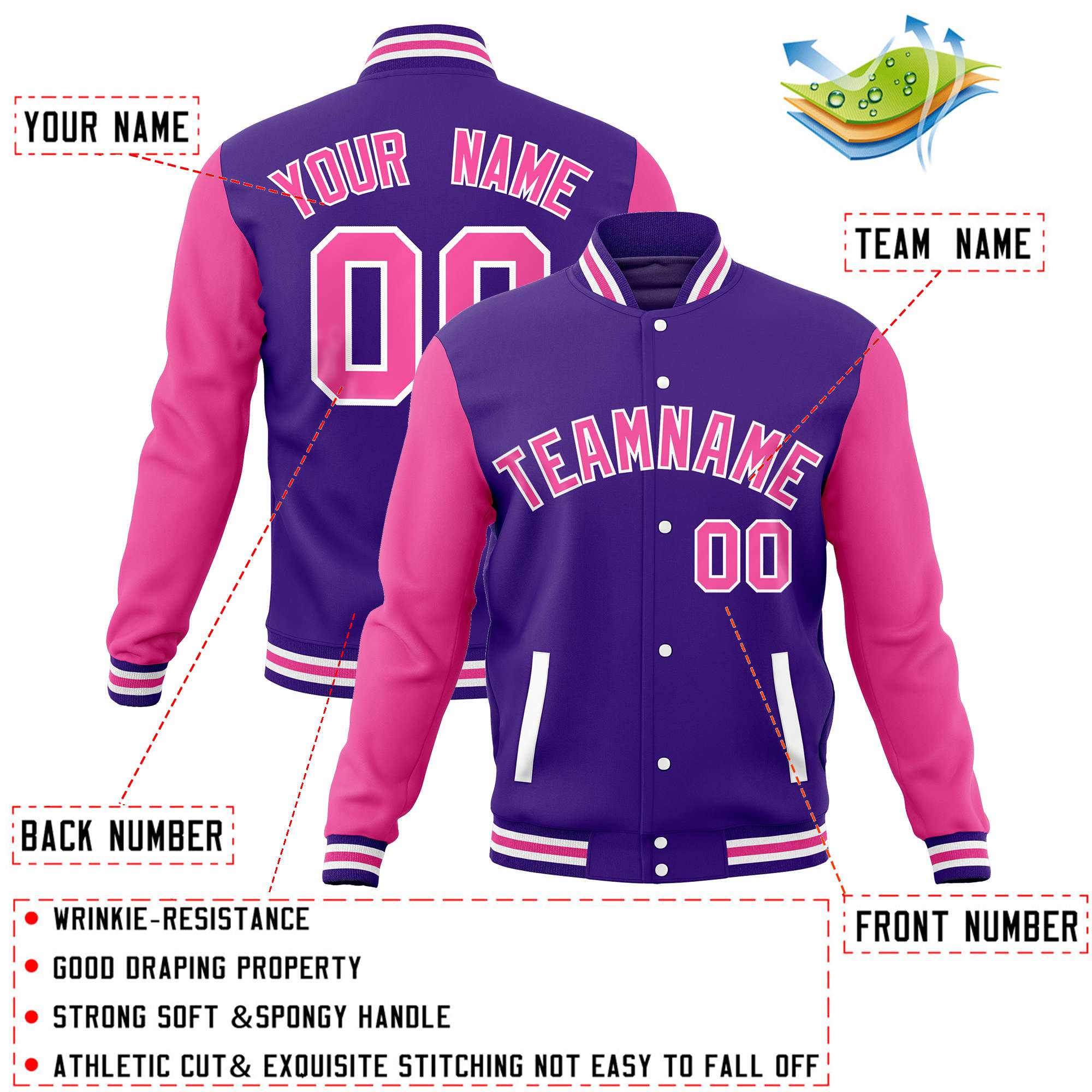 Custom Purple Pink Varsity Full-Snap Raglan Sleeves Letterman Baseball Jacket