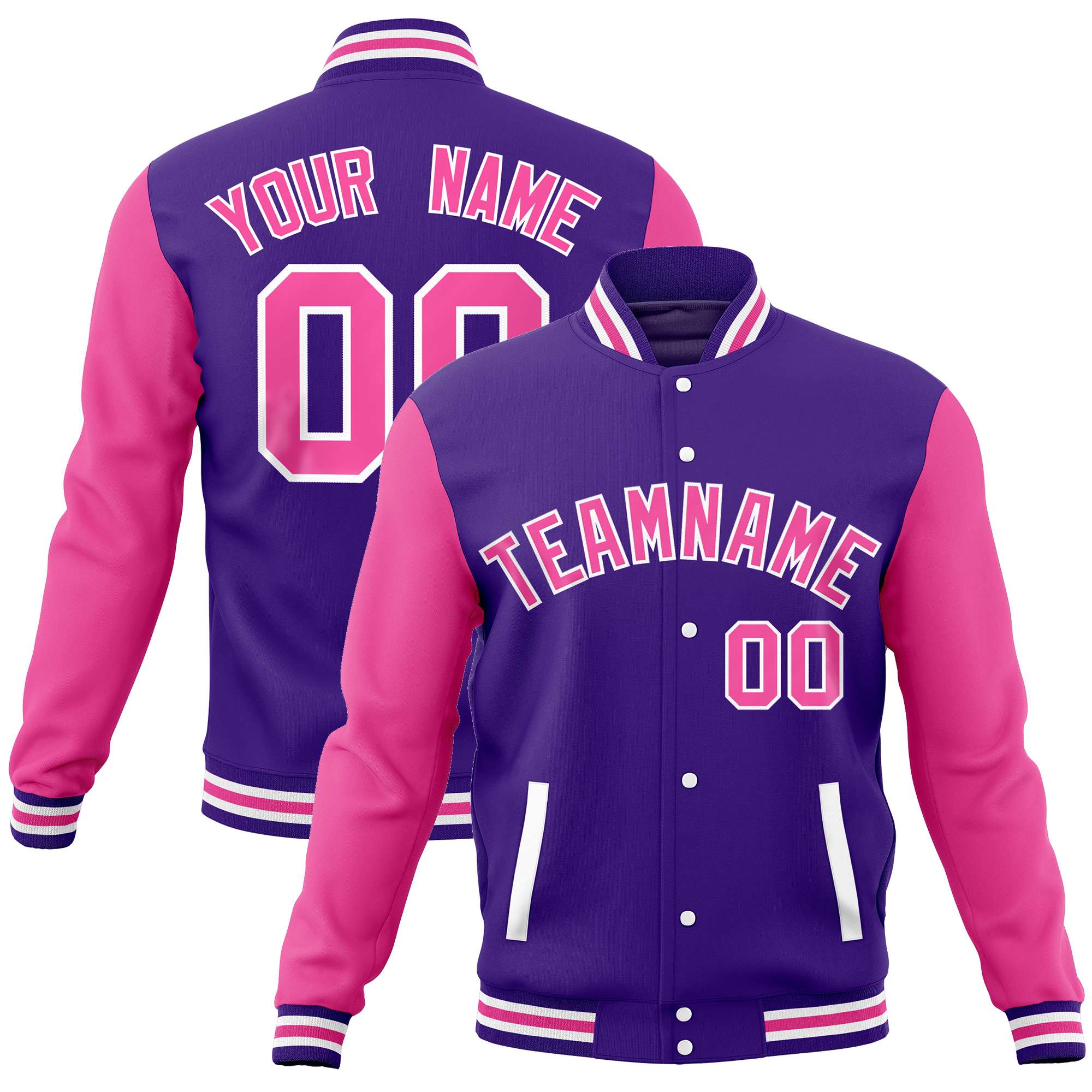 Custom Purple Pink Varsity Full-Snap Raglan Sleeves Letterman Baseball Jacket