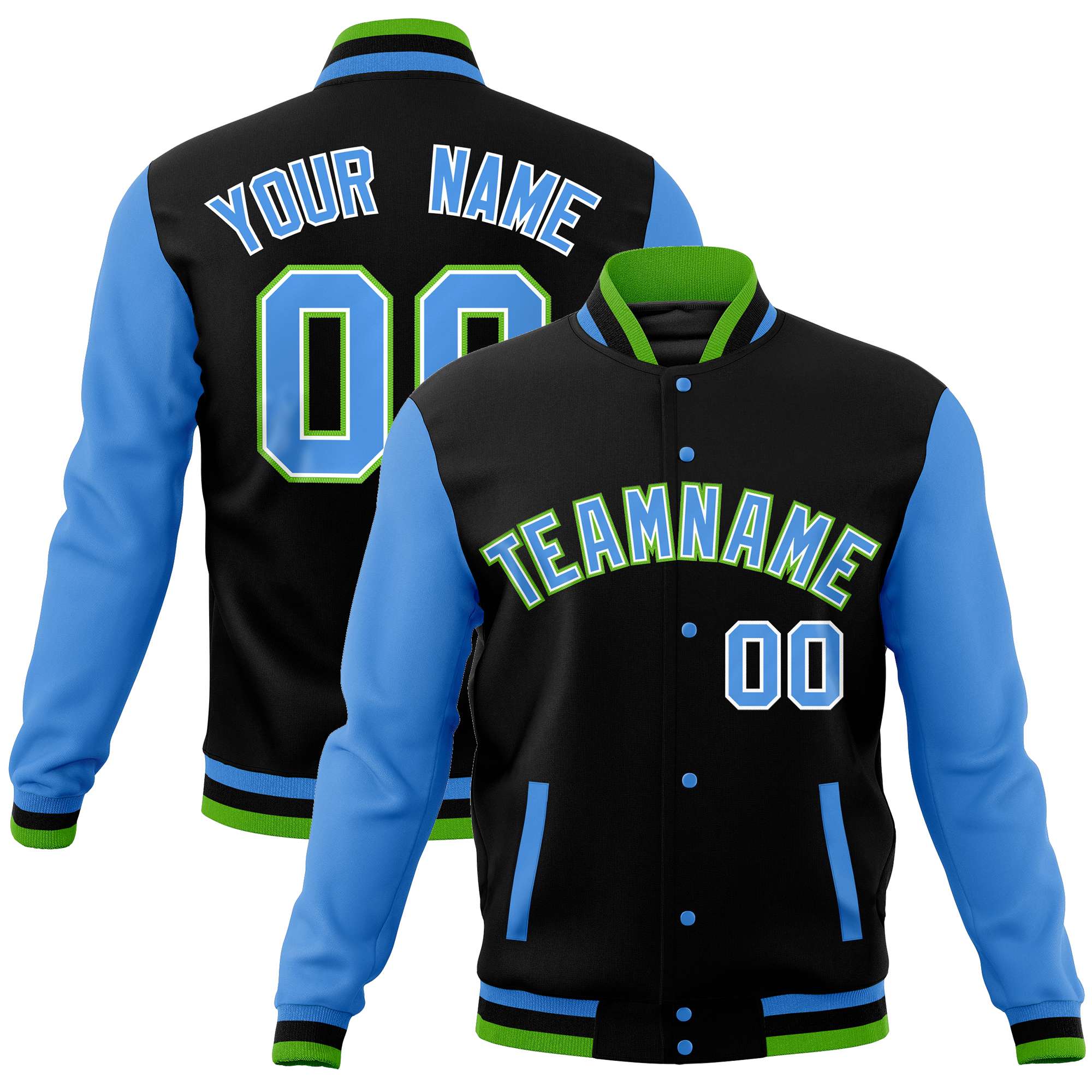 Custom Black Powder Blue Varsity Full-Snap Raglan Sleeves Letterman Baseball Jacket