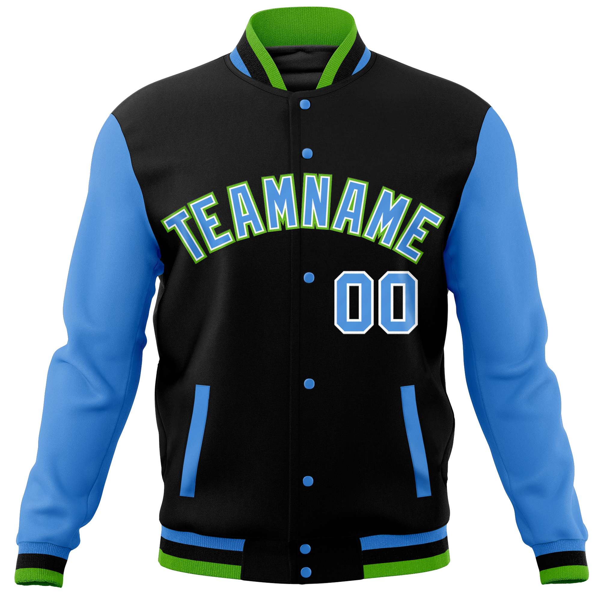 Custom Black Powder Blue Varsity Full-Snap Raglan Sleeves Letterman Baseball Jacket