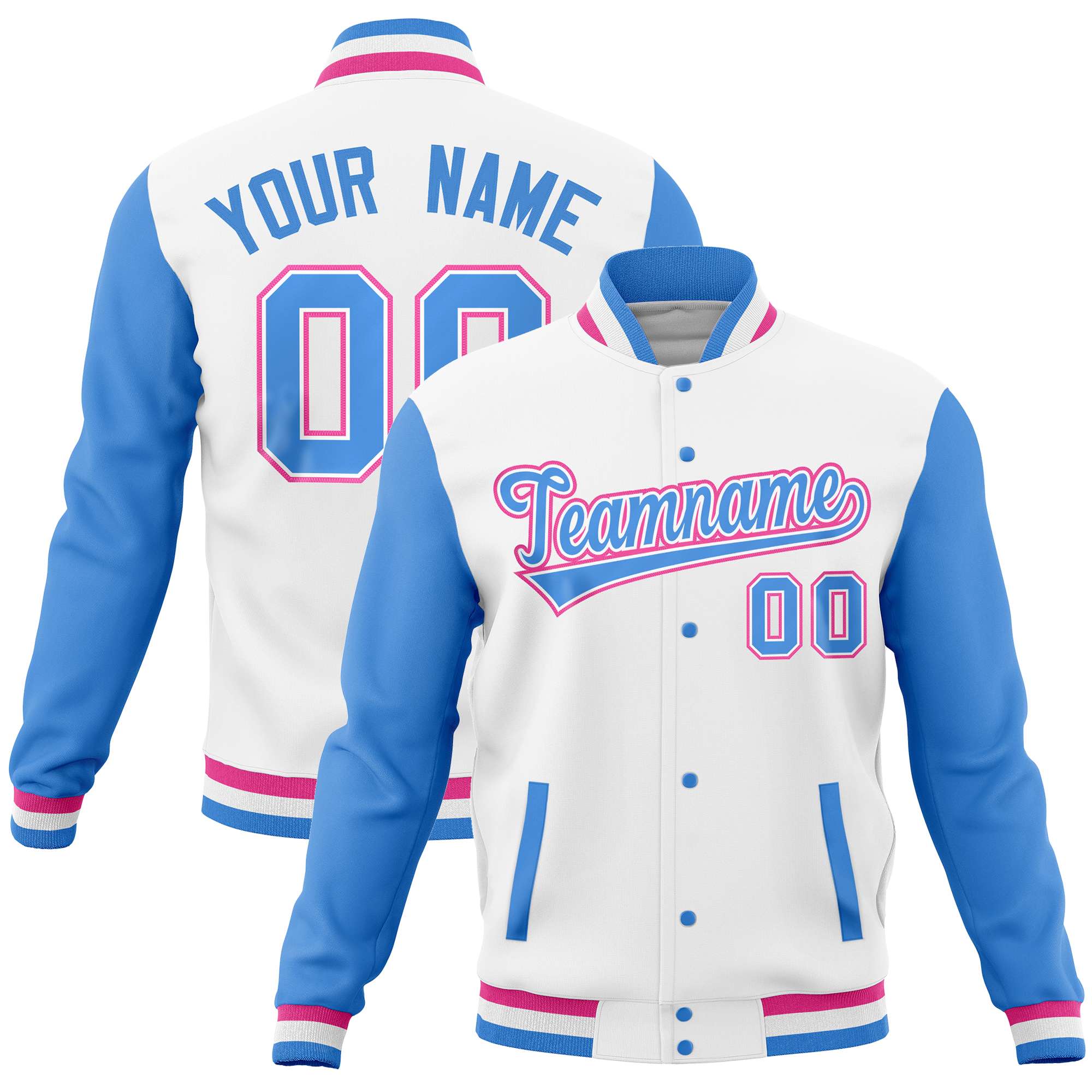 Custom White Powder Blue Varsity Full-Snap Raglan Sleeves Letterman Baseball Jacket