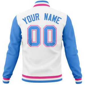 Custom White Powder Blue Varsity Full-Snap Raglan Sleeves Letterman Baseball Jacket