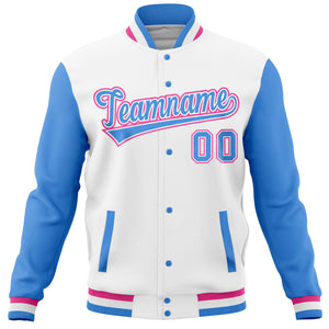 Custom White Powder Blue Varsity Full-Snap Raglan Sleeves Letterman Baseball Jacket