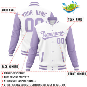 Custom White Light Purple Varsity Full-Snap Raglan Sleeves Letterman Baseball Jacket