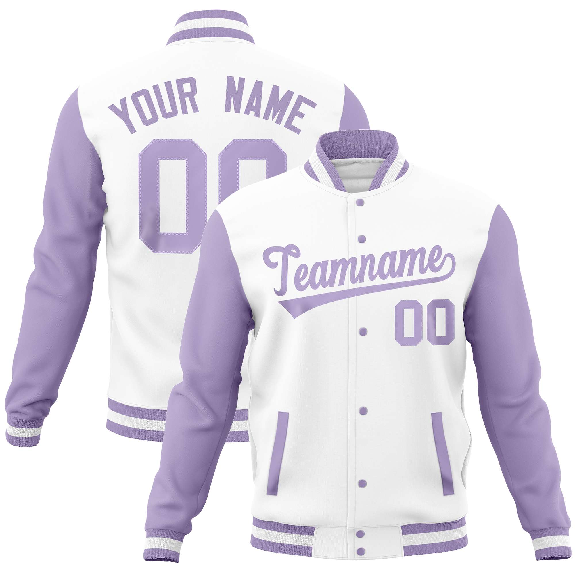 Custom White Light Purple Varsity Full-Snap Raglan Sleeves Letterman Baseball Jacket