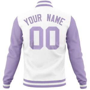 Custom White Light Purple Varsity Full-Snap Raglan Sleeves Letterman Baseball Jacket