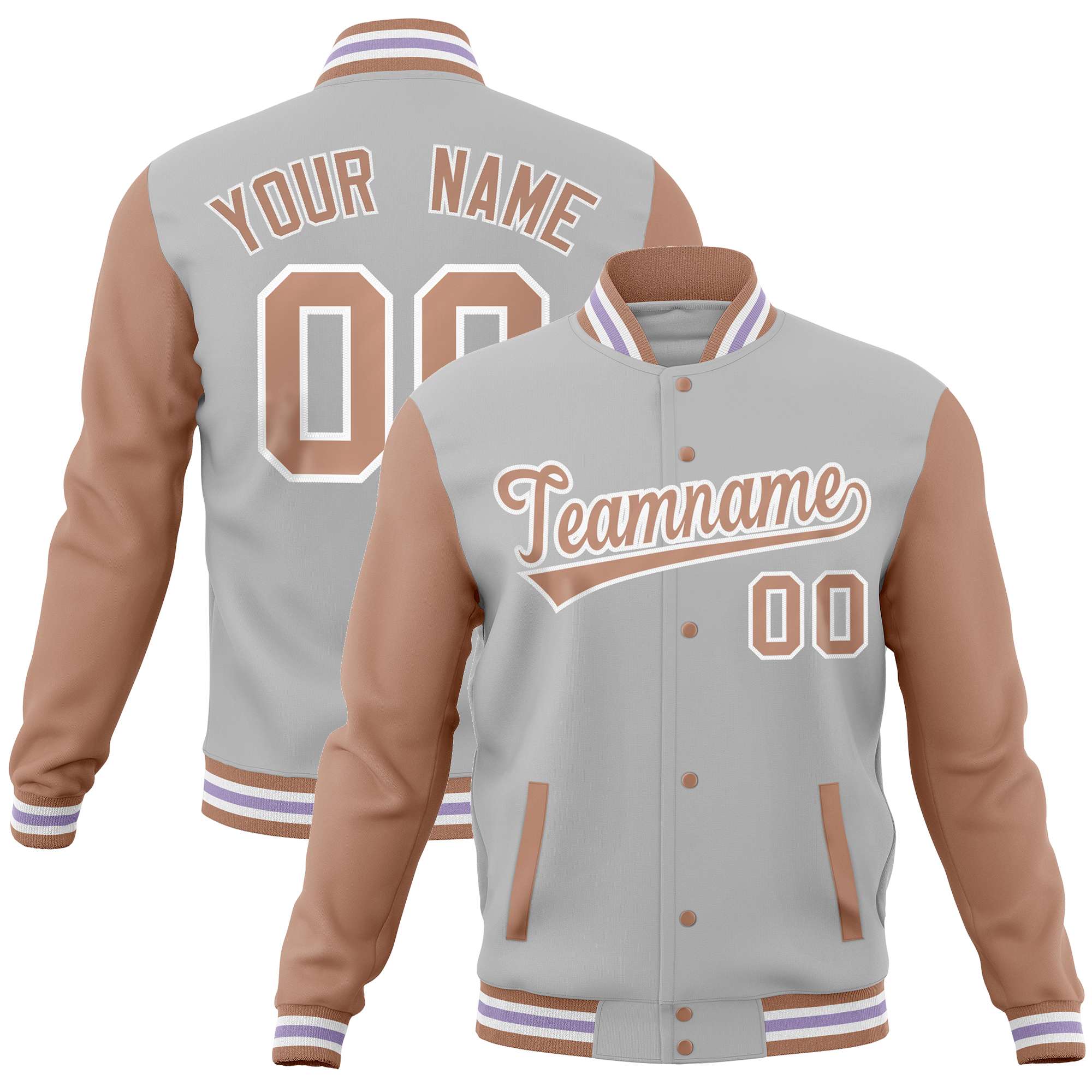 Custom Gray Brown Varsity Full-Snap Raglan Sleeves Letterman Baseball Jacket