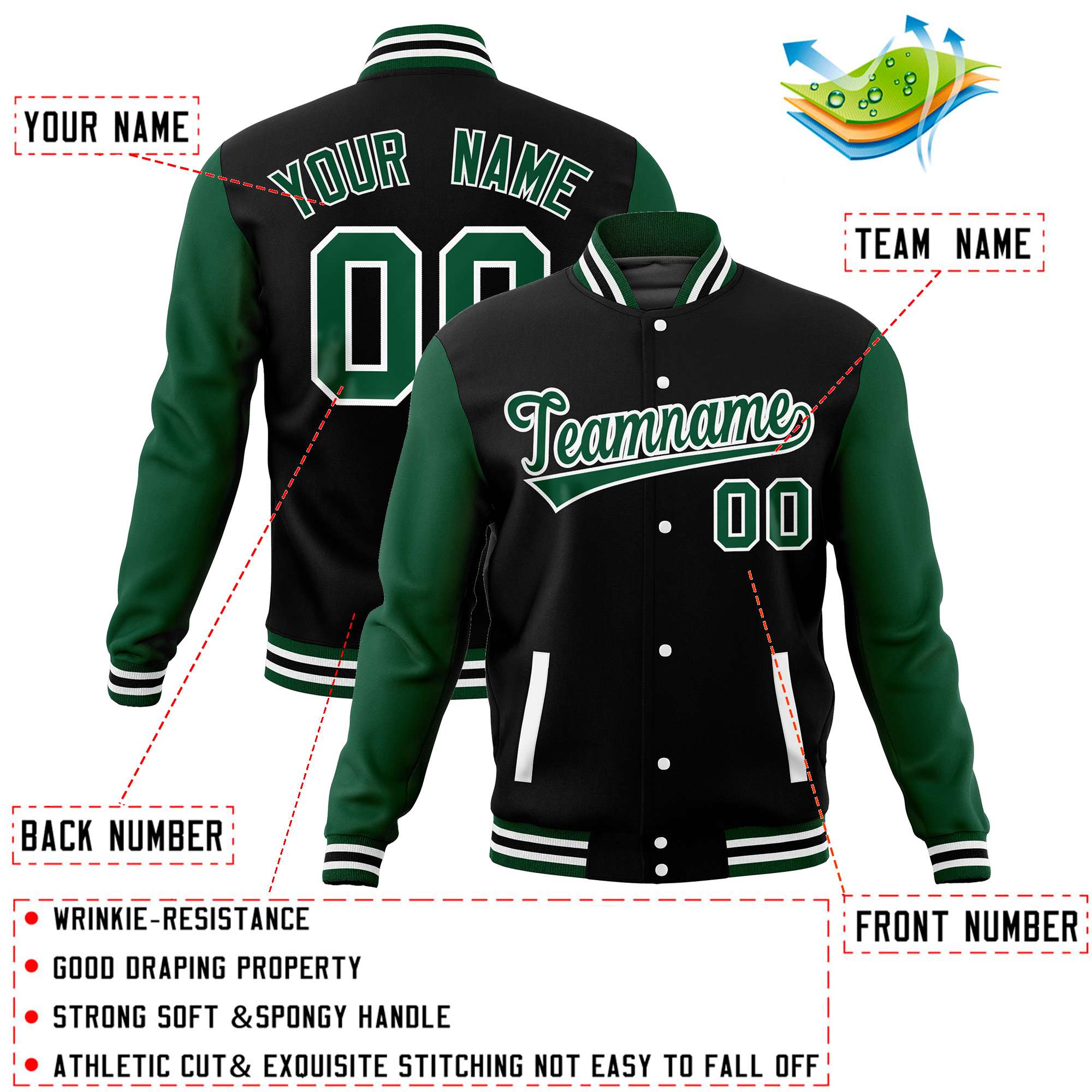 Custom Black Green Varsity Full-Snap Raglan Sleeves Letterman Baseball Jacket