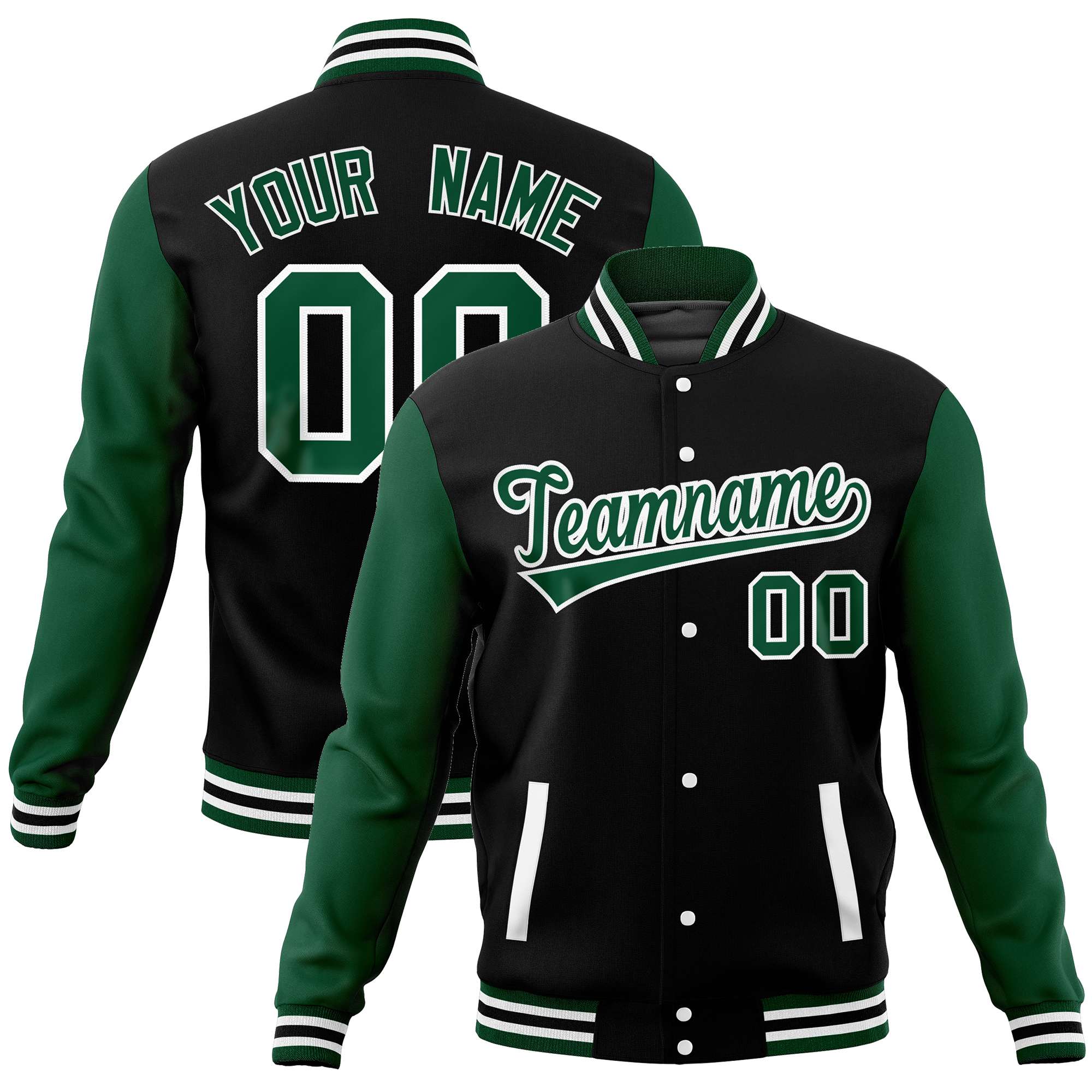 Custom Black Green Varsity Full-Snap Raglan Sleeves Letterman Baseball Jacket