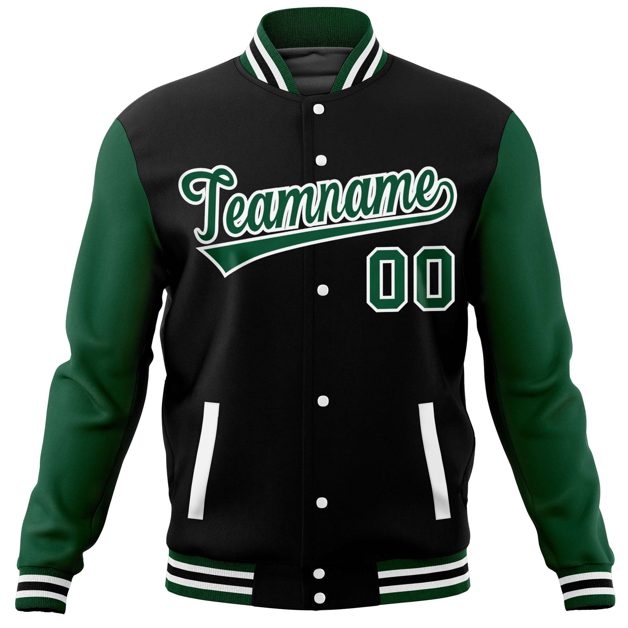 Custom Black Green Varsity Full-Snap Raglan Sleeves Letterman Baseball Jacket