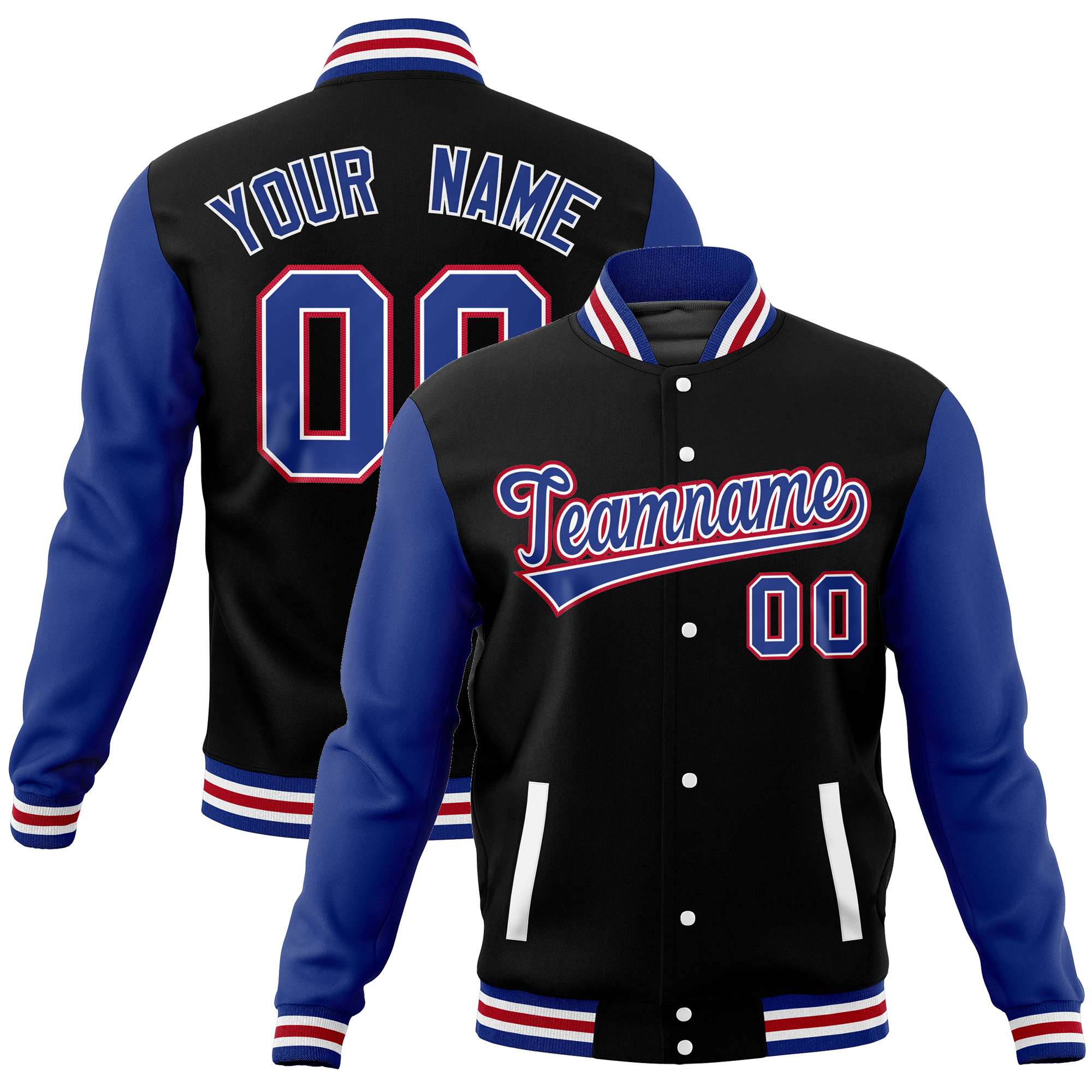 Custom Black Royal Varsity Full-Snap Raglan Sleeves Letterman Baseball Jacket