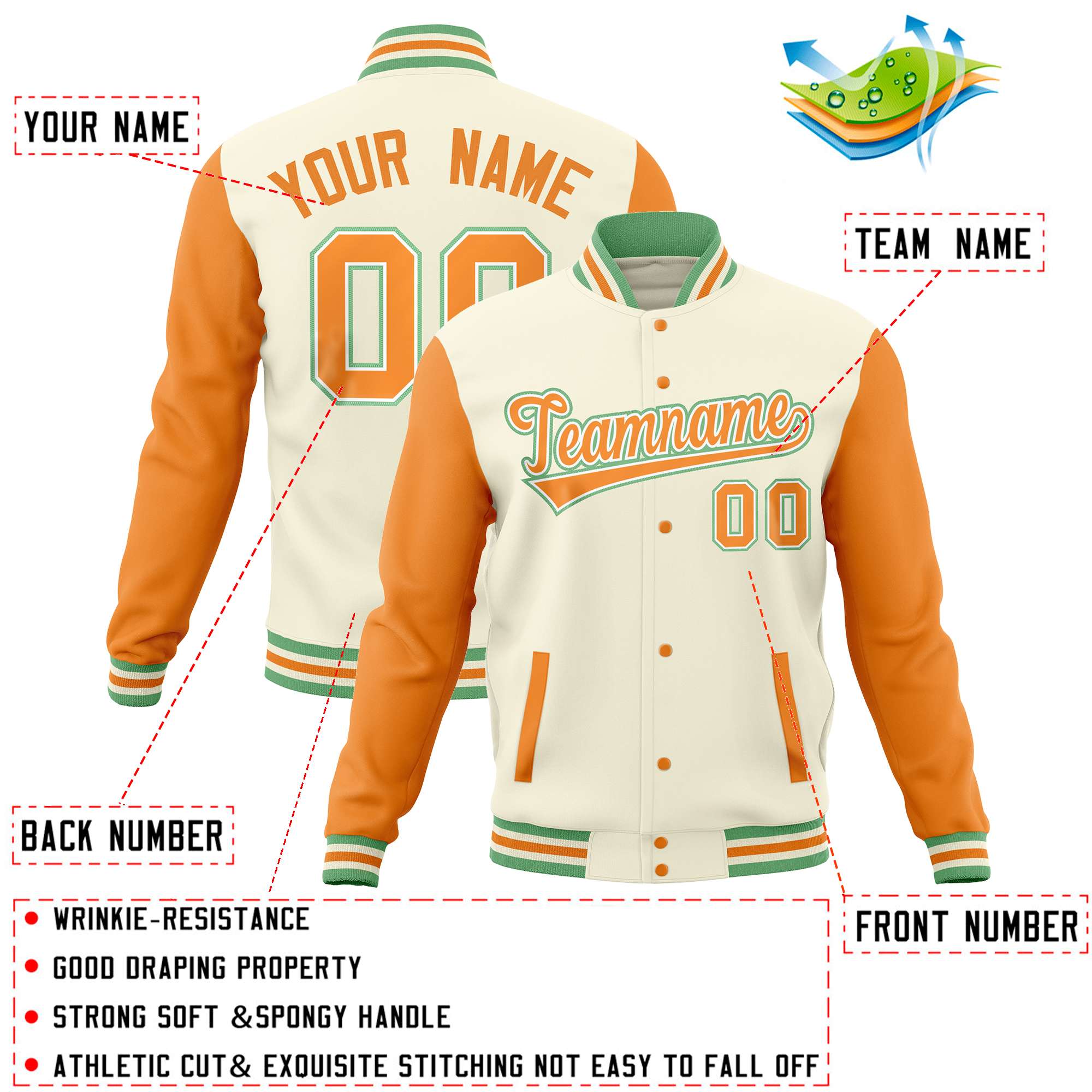 Custom Cream Orange Varsity Full-Snap Raglan Sleeves Letterman Baseball Jacket