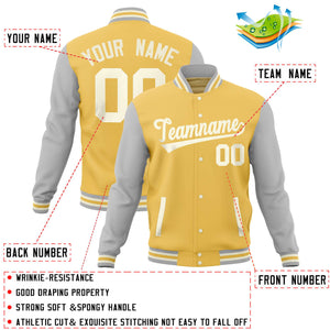 Custom Yellow Light Gray Varsity Full-Snap Raglan Sleeves Letterman Baseball Jacket