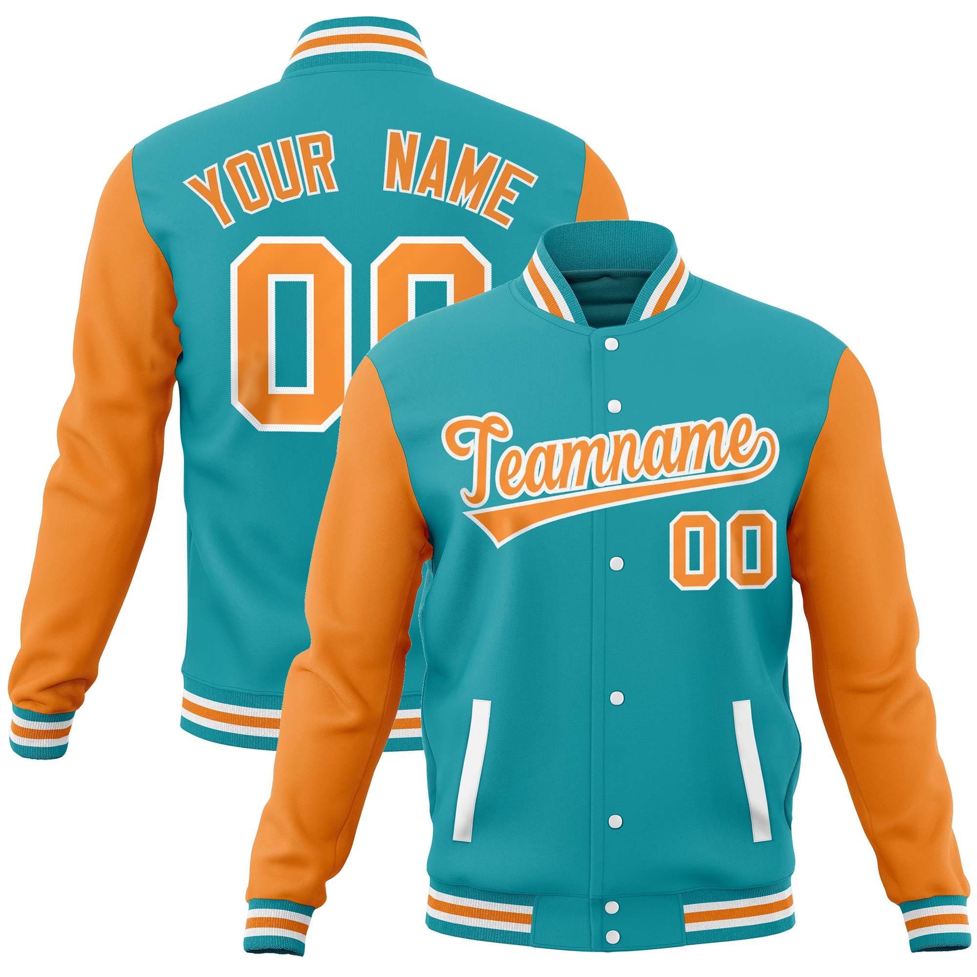 Custom Aqua Orange Varsity Full-Snap Raglan Sleeves Letterman Baseball Jacket