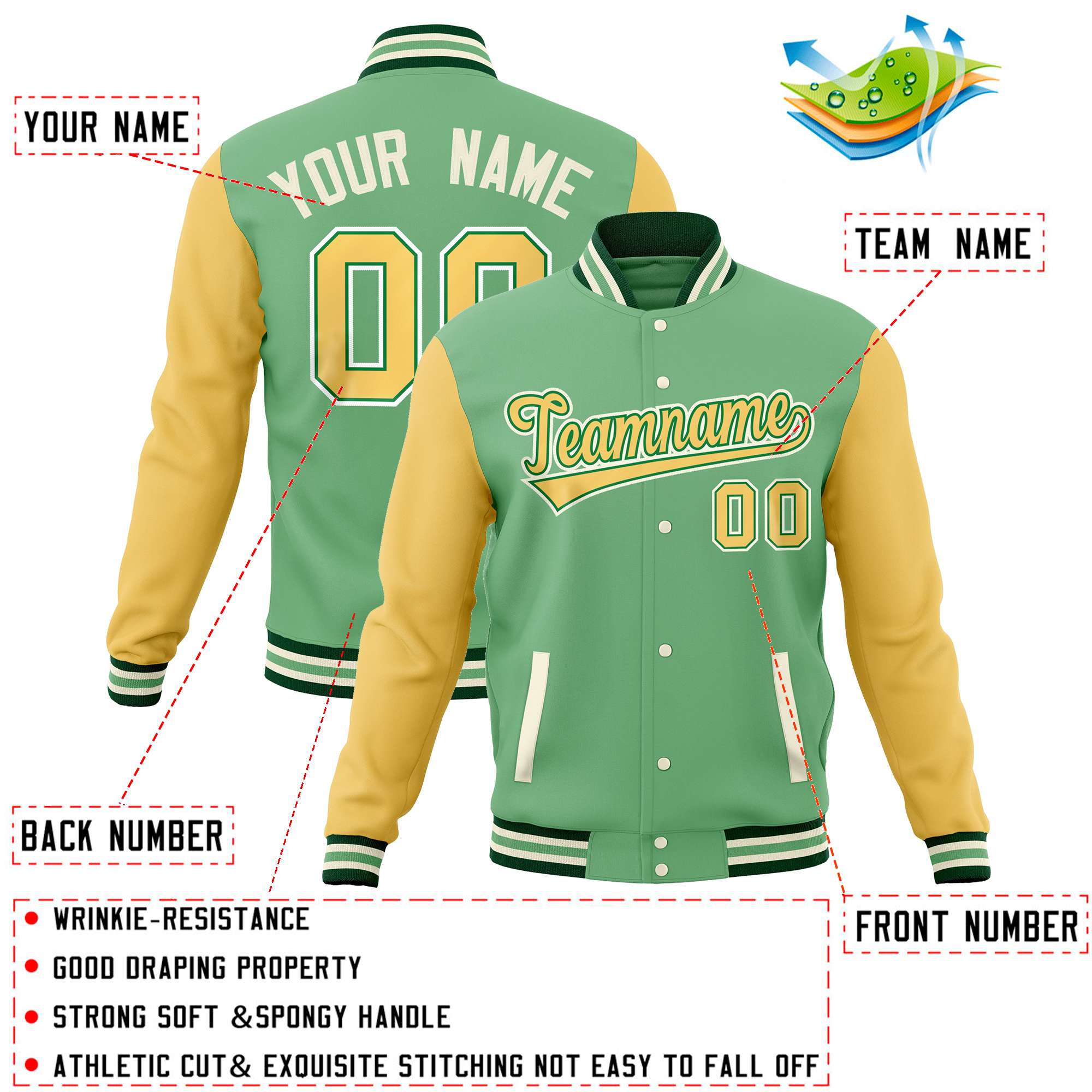 Custom Green Yellow Varsity Full-Snap Raglan Sleeves Letterman Baseball Jacket