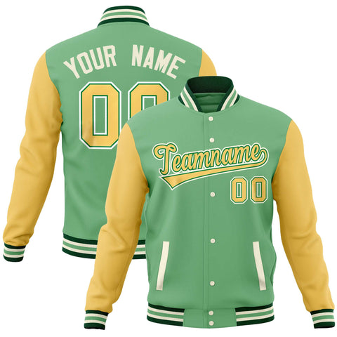 Custom Green Yellow Varsity Full-Snap Raglan Sleeves Letterman Baseball Jacket