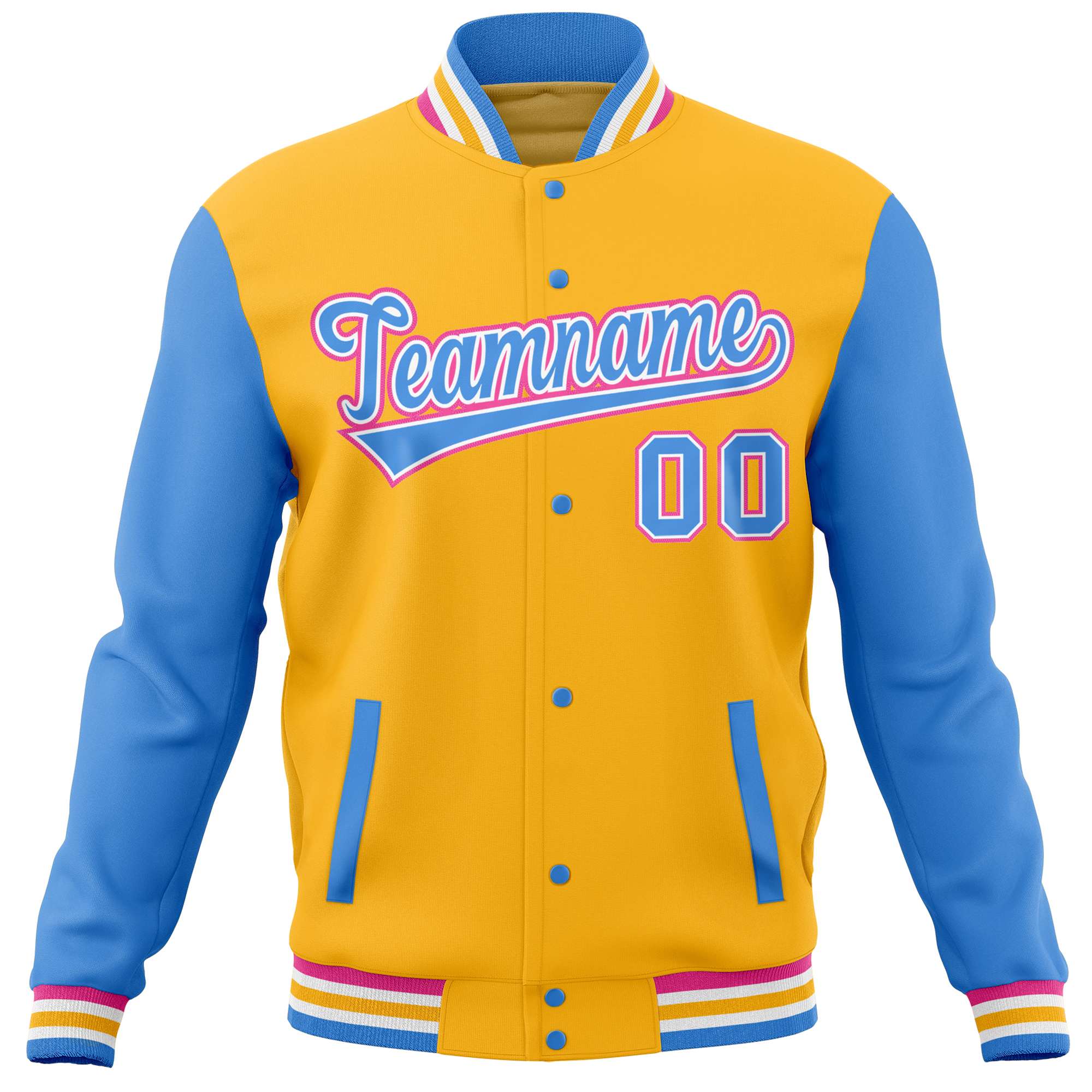 Custom Gold Powder Blue Varsity Full-Snap Raglan Sleeves Letterman Baseball Jacket