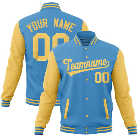 Custom Powder Blue Yellow Varsity Full-Snap Raglan Sleeves Letterman Baseball Jacket