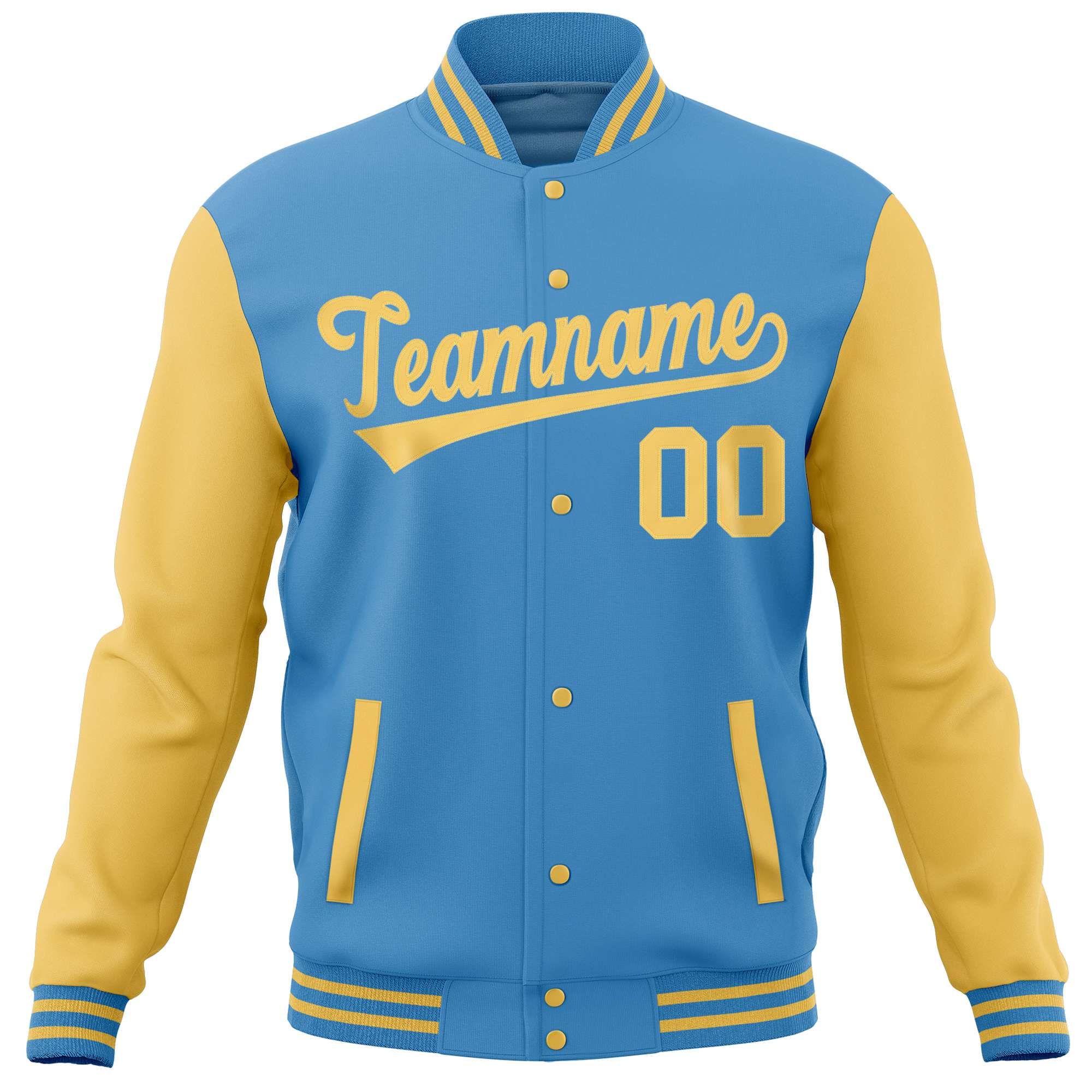 Custom Powder Blue Yellow Varsity Full-Snap Raglan Sleeves Letterman Baseball Jacket