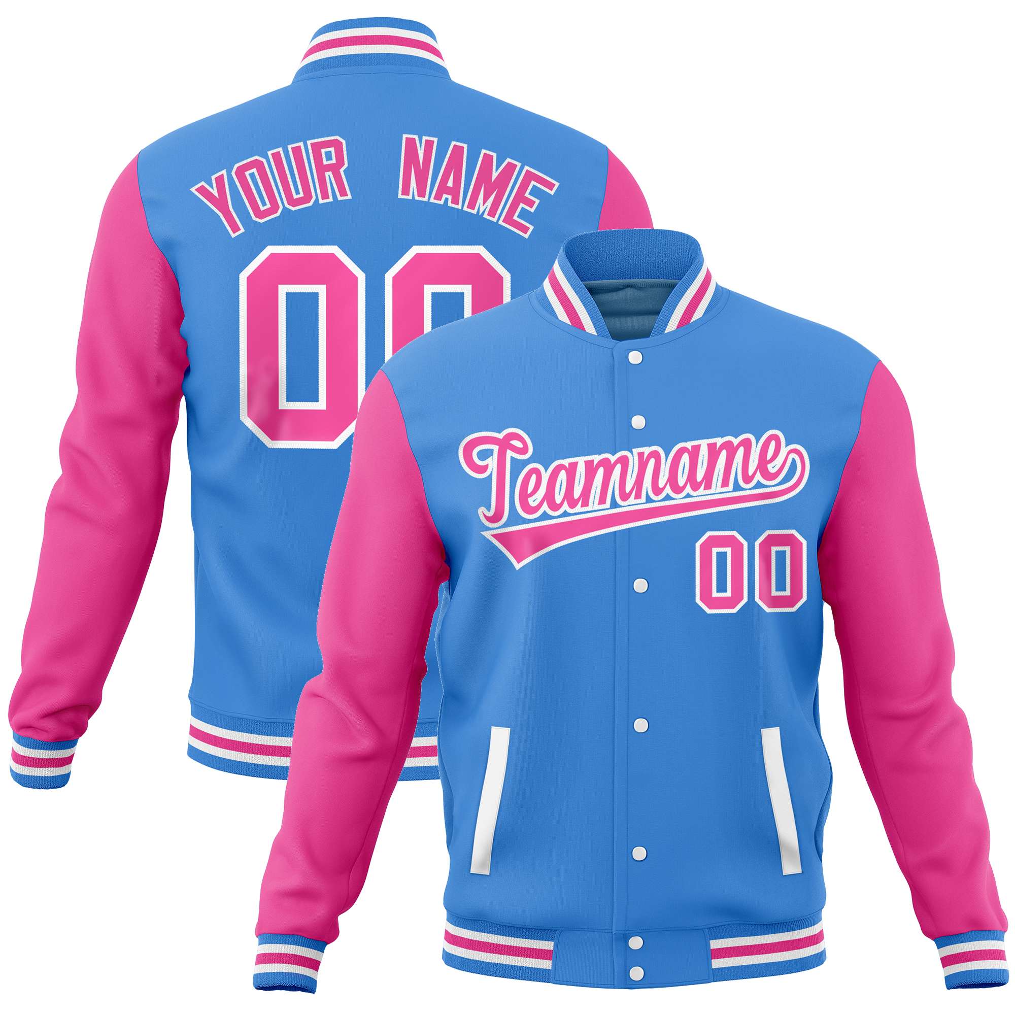 Custom Powder Blue Pink Varsity Full-Snap Raglan Sleeves Letterman Baseball Jacket