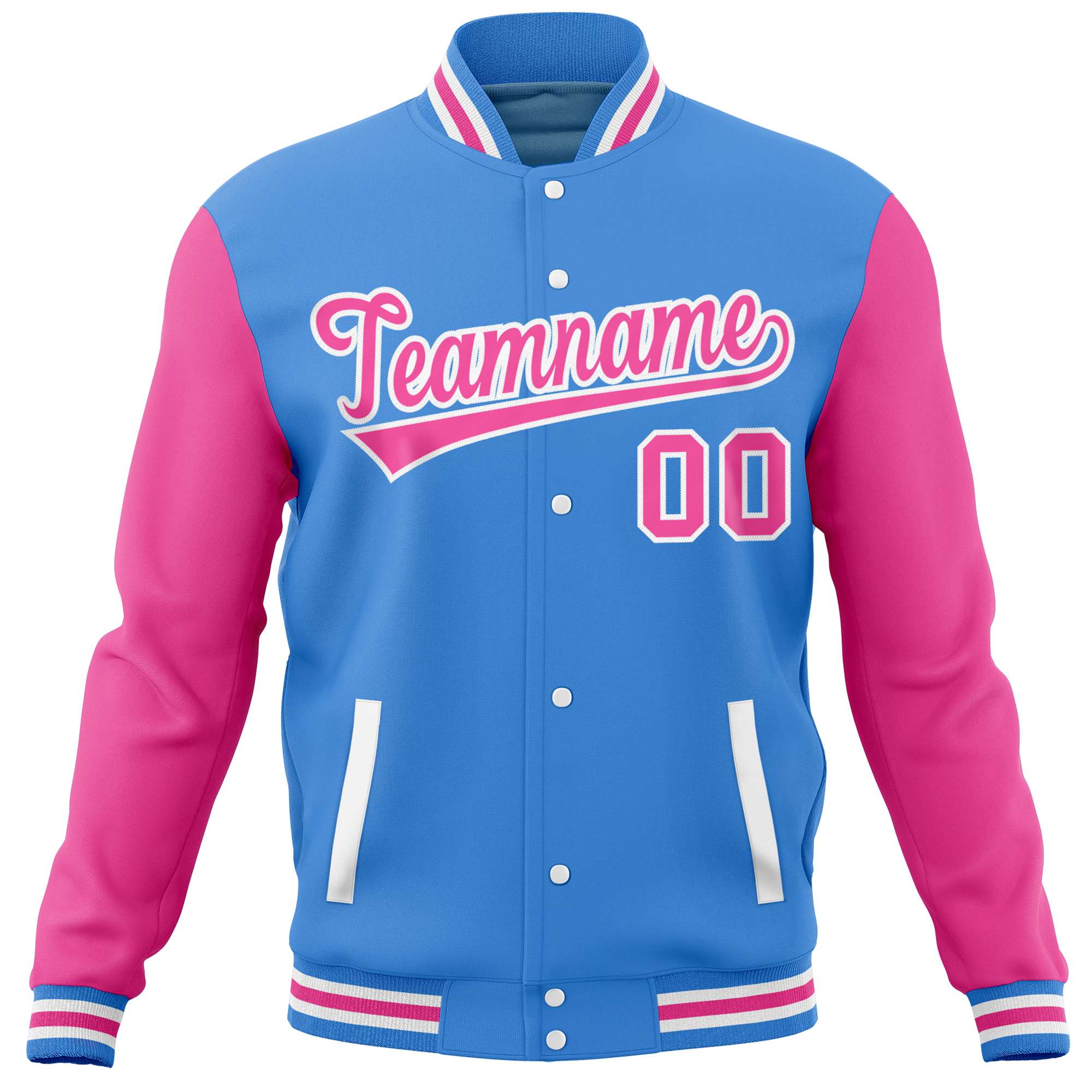 Custom Powder Blue Pink Varsity Full-Snap Raglan Sleeves Letterman Baseball Jacket