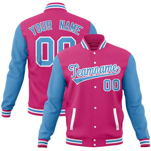 Custom Pink Powder Blue Varsity Full-Snap Raglan Sleeves Letterman Baseball Jacket