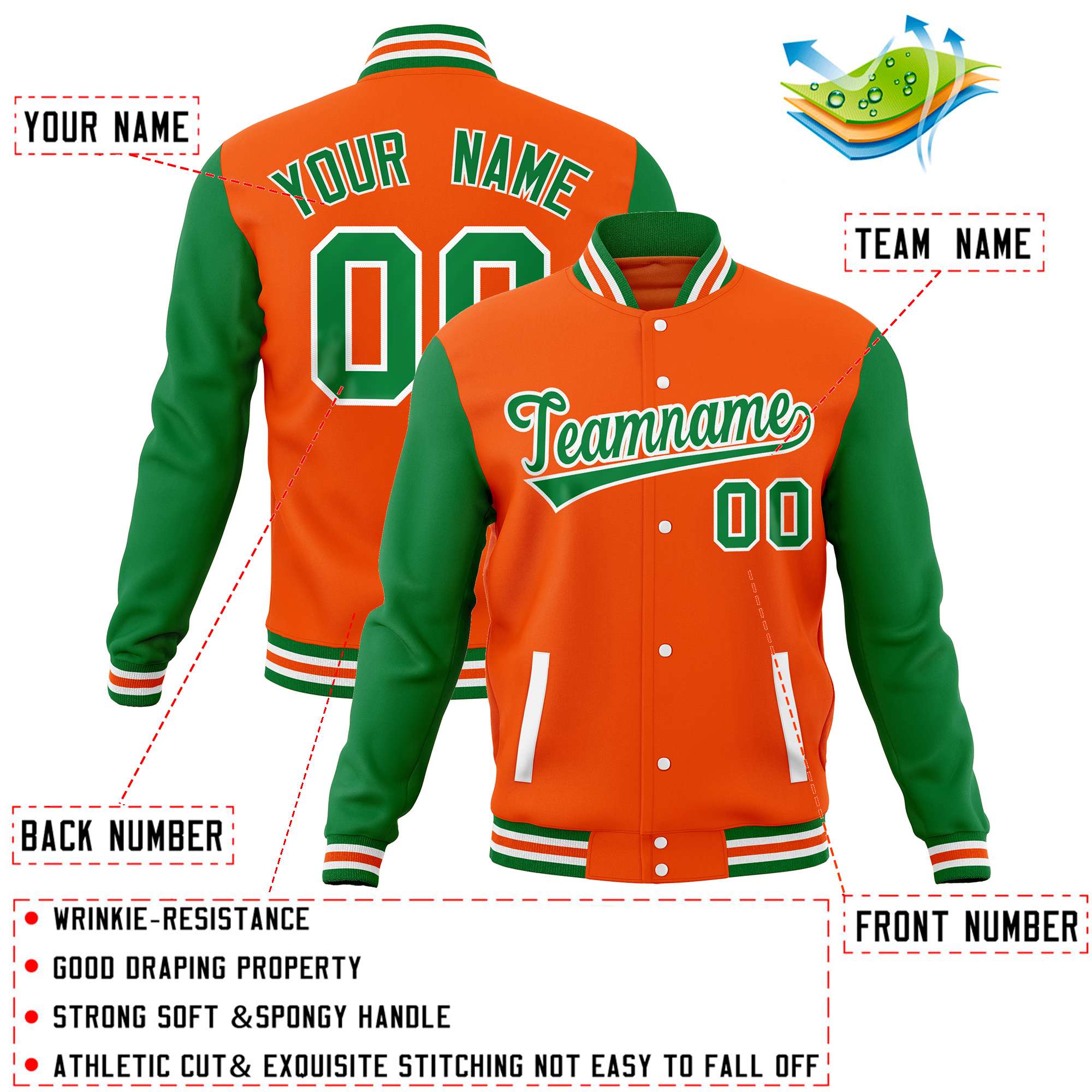 Custom Orange Kelly Green Varsity Full-Snap Raglan Sleeves Letterman Baseball Jacket