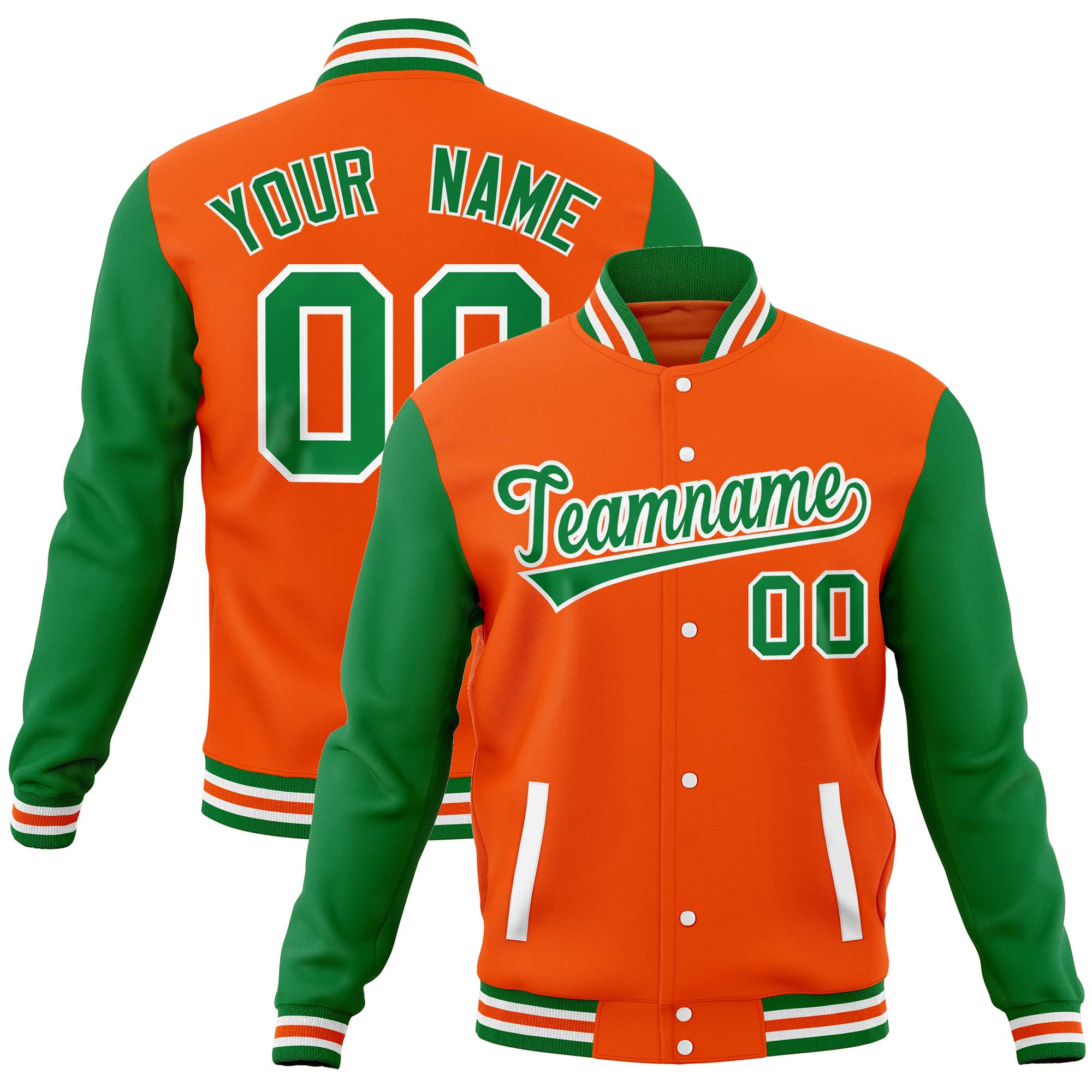 Custom Orange Kelly Green Varsity Full-Snap Raglan Sleeves Letterman Baseball Jacket