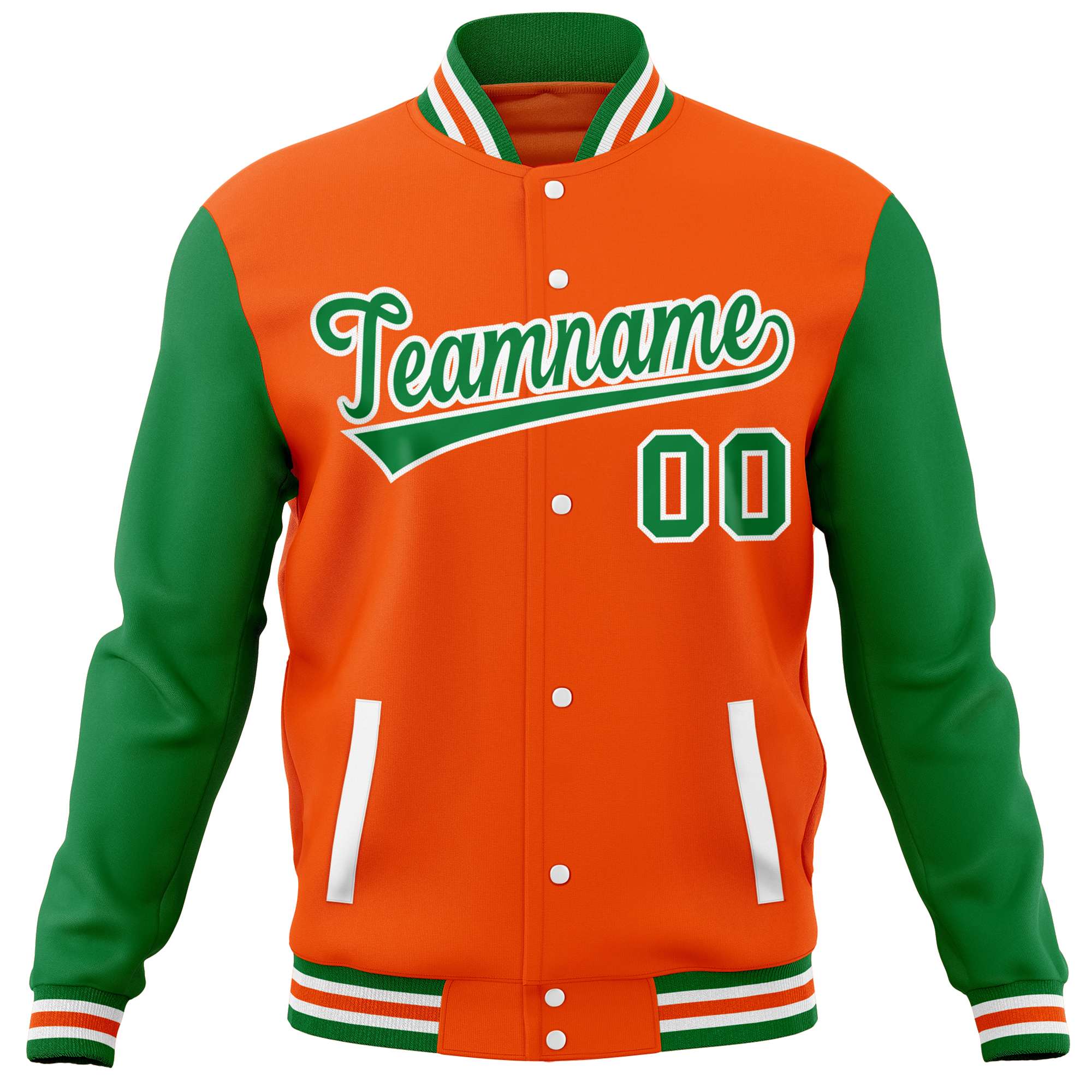 Custom Orange Kelly Green Varsity Full-Snap Raglan Sleeves Letterman Baseball Jacket