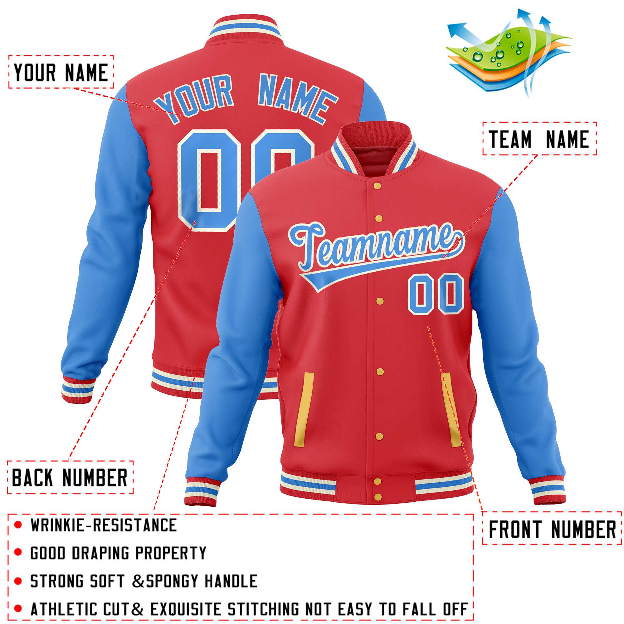 Custom Light Red Powder Blue Varsity Full-Snap Raglan Sleeves Letterman Baseball Jacket