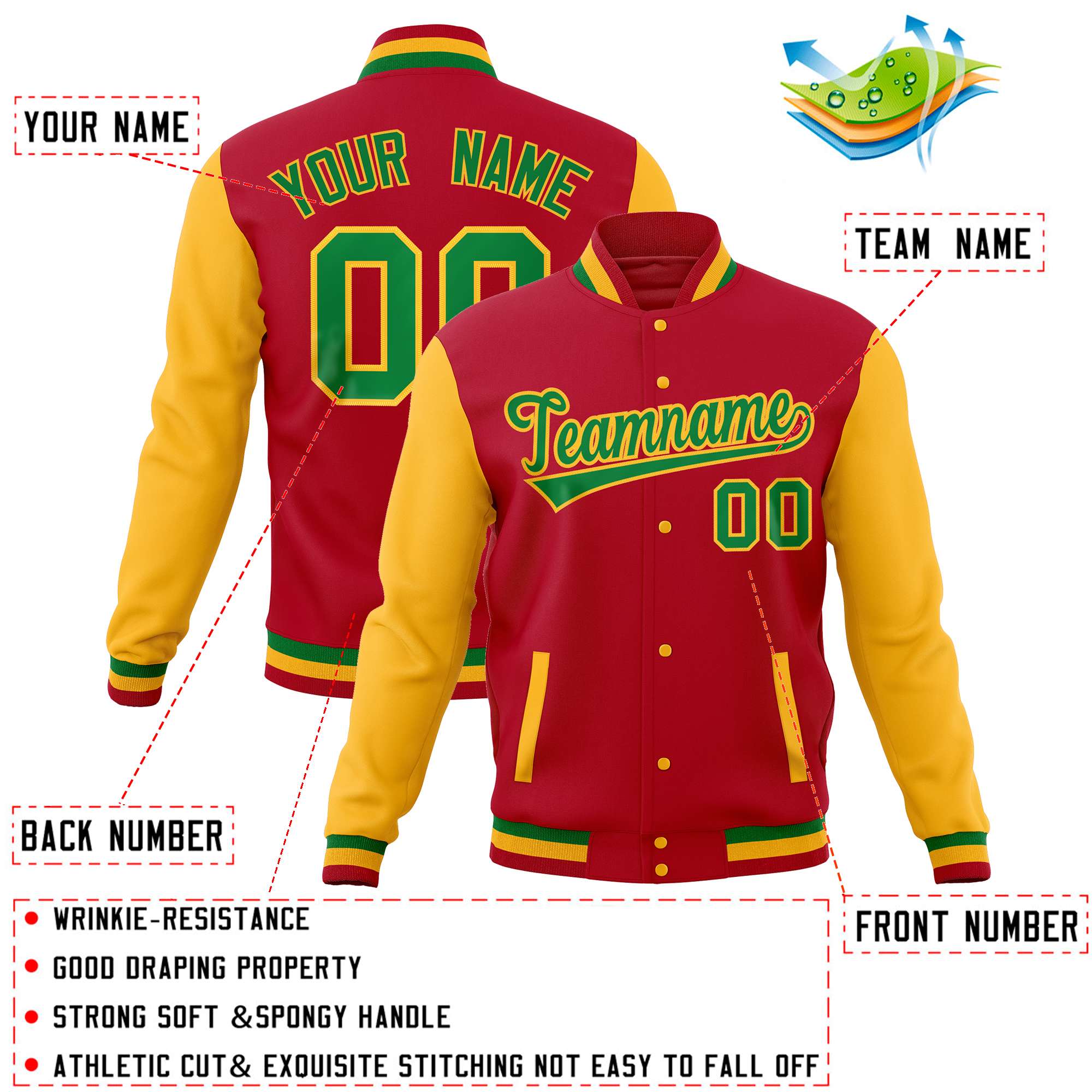 Custom Red Gold Varsity Full-Snap Raglan Sleeves Letterman Baseball Jacket