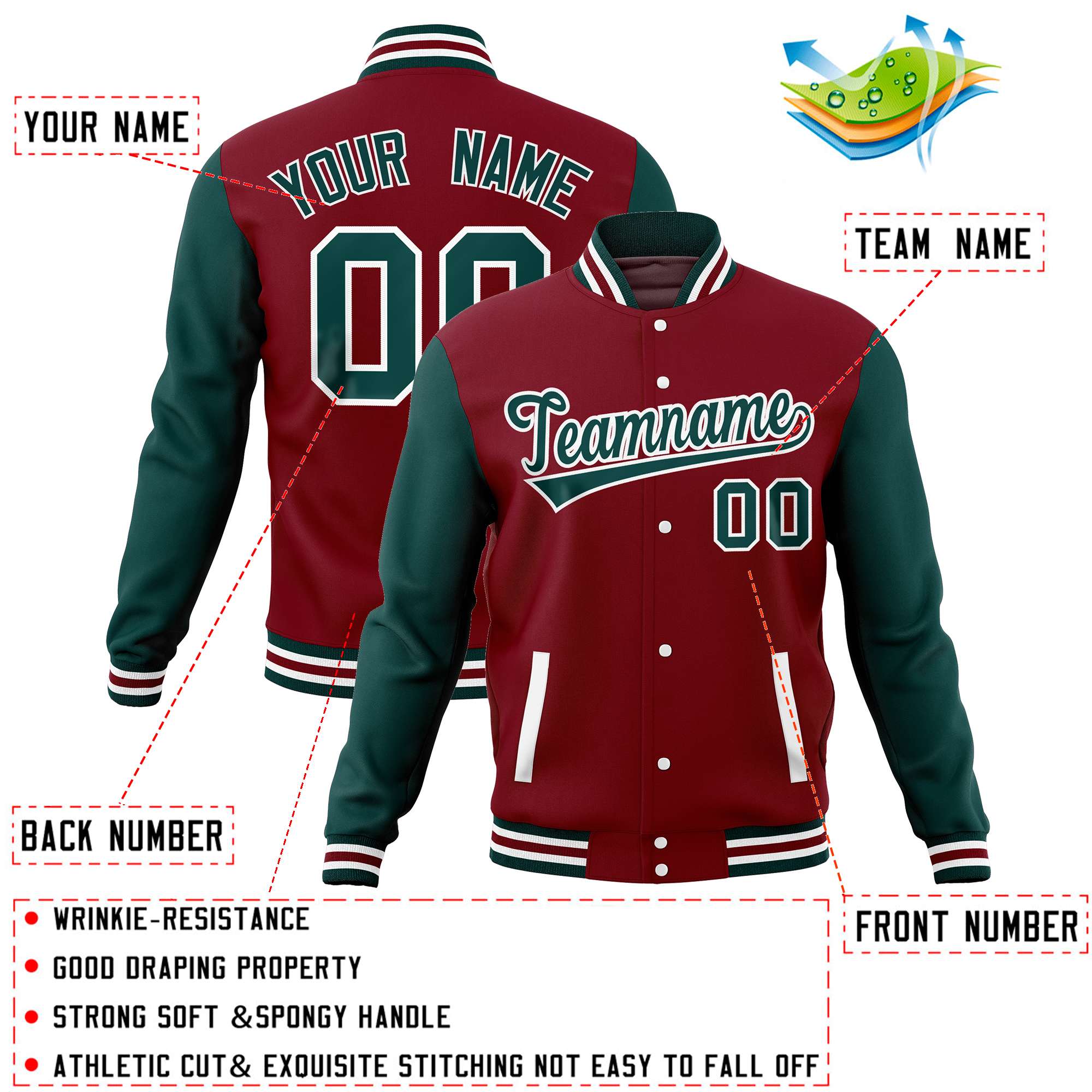 Custom Crimson Midnight Green Varsity Full-Snap Raglan Sleeves Letterman Baseball Jacket