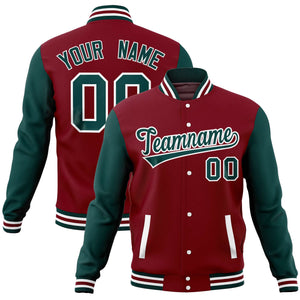 Custom Crimson Midnight Green Varsity Full-Snap Raglan Sleeves Letterman Baseball Jacket