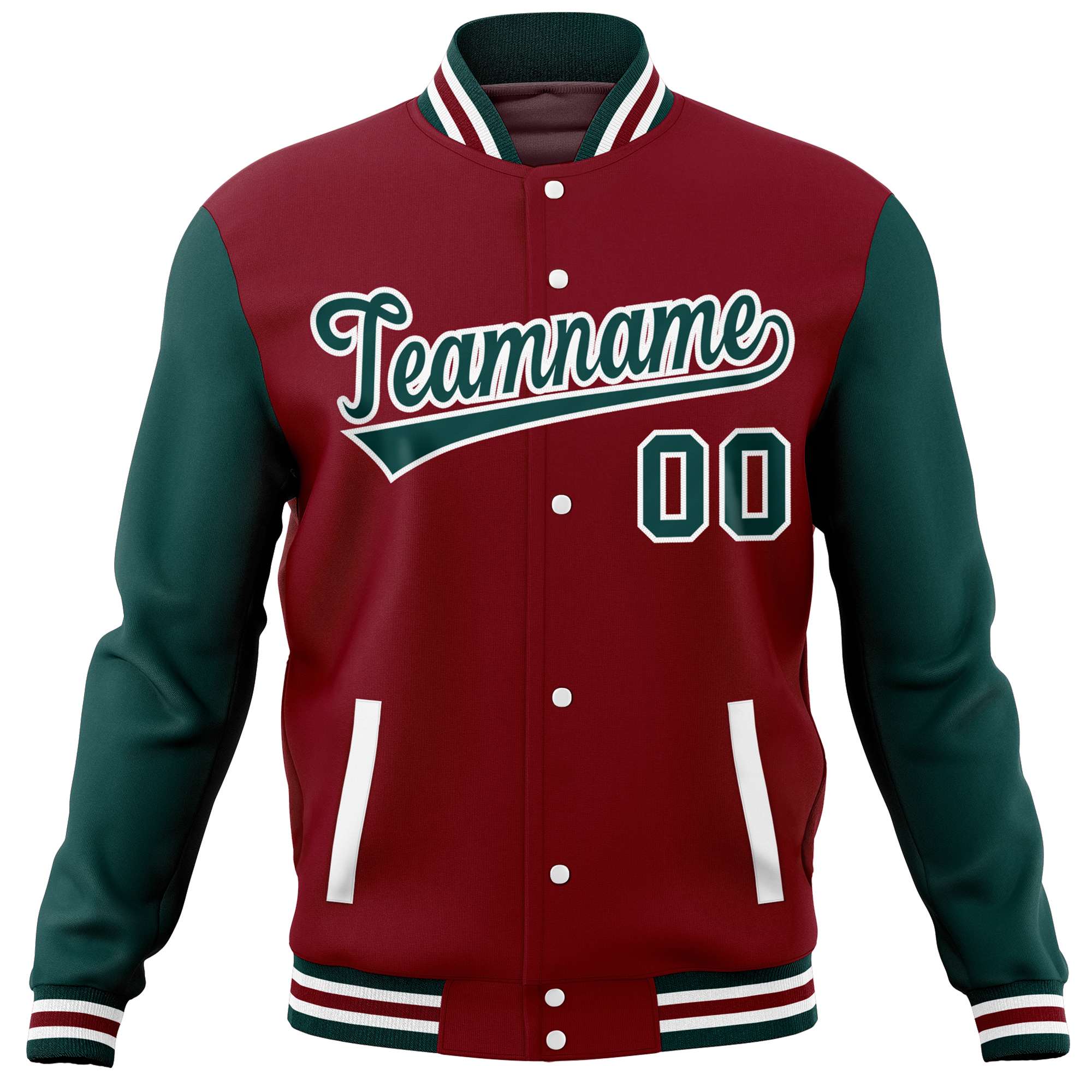 Custom Crimson Midnight Green Varsity Full-Snap Raglan Sleeves Letterman Baseball Jacket