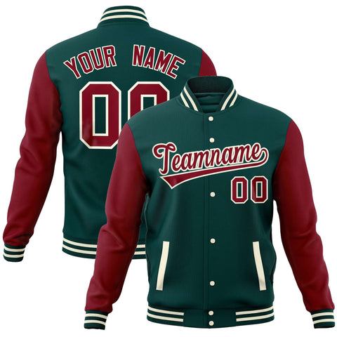 Custom Midnight Green Crimson Varsity Full-Snap Raglan Sleeves Letterman Baseball Jacket