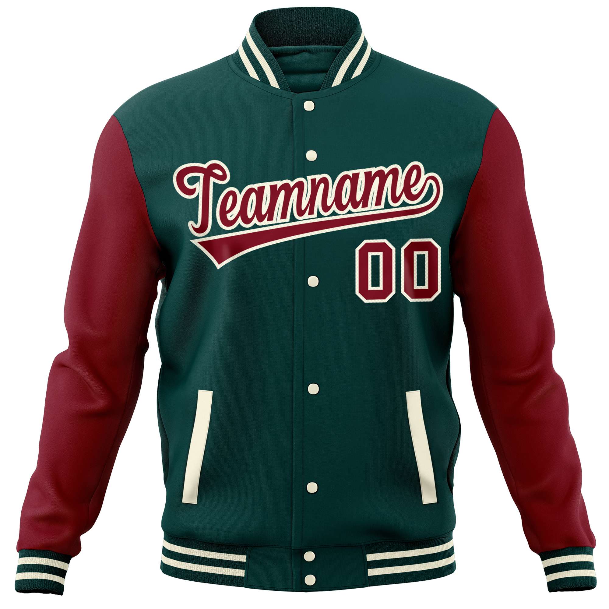 Custom Midnight Green Crimson Varsity Full-Snap Raglan Sleeves Letterman Baseball Jacket