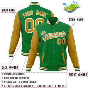 Custom Kelly Green Old Gold Varsity Full-Snap Raglan Sleeves Letterman Baseball Jacket