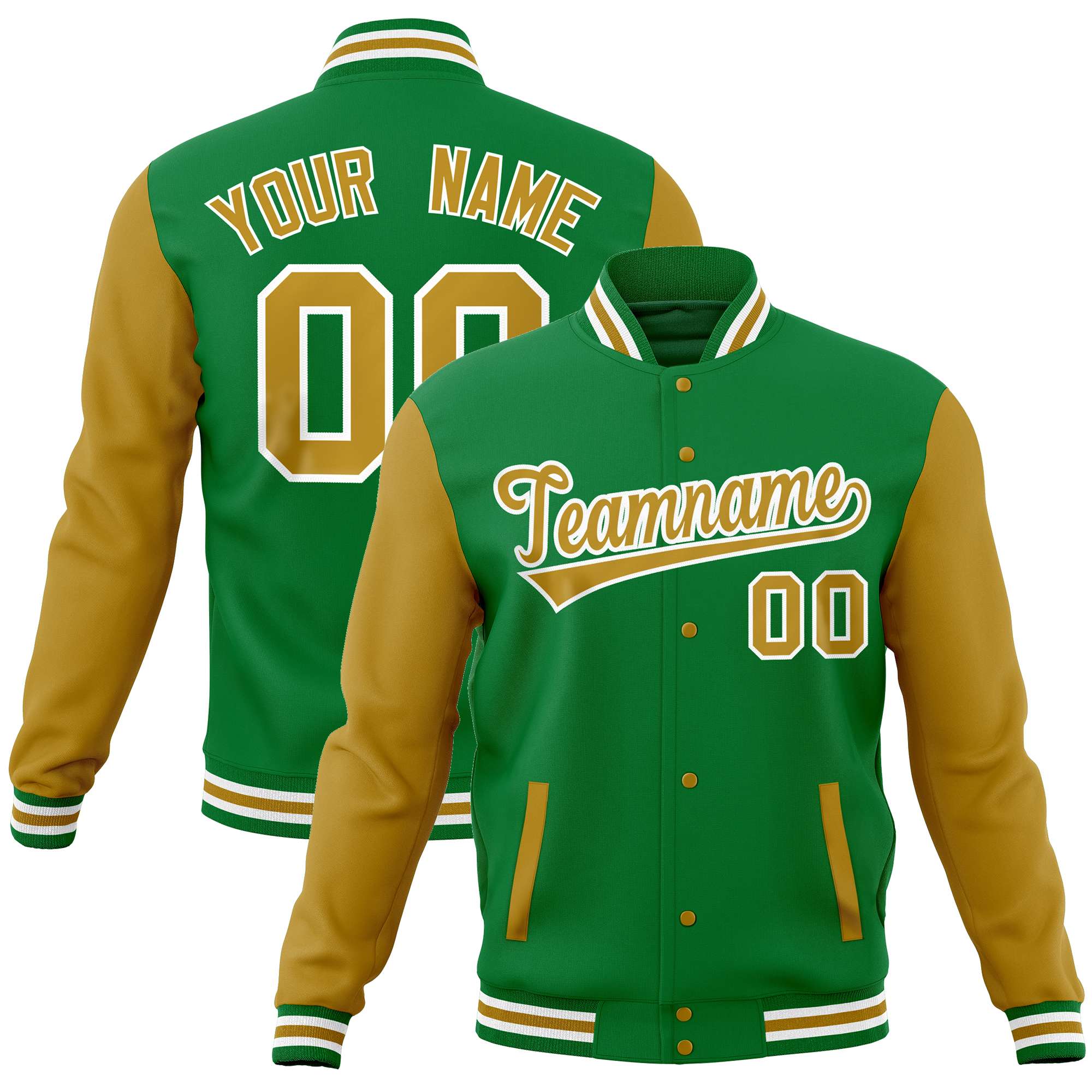 Custom Kelly Green Old Gold Varsity Full-Snap Raglan Sleeves Letterman Baseball Jacket