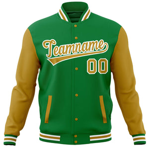 Custom Kelly Green Old Gold Varsity Full-Snap Raglan Sleeves Letterman Baseball Jacket