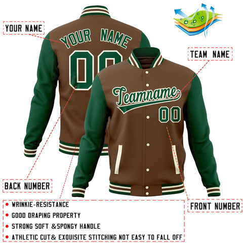 Custom Light Brown Green Varsity Full-Snap Raglan Sleeves Letterman Baseball Jacket