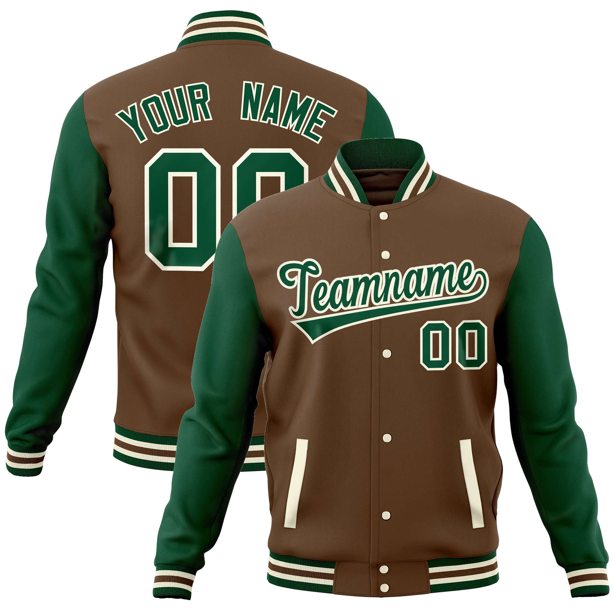 Custom Light Brown Green Varsity Full-Snap Raglan Sleeves Letterman Baseball Jacket