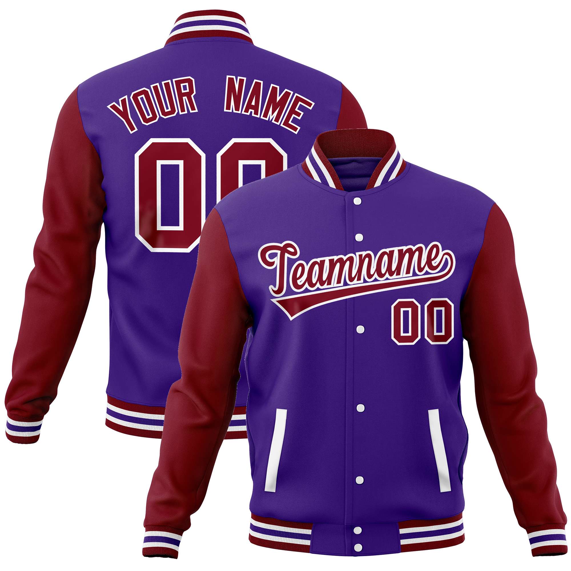 Custom Purple Crimson Varsity Full-Snap Raglan Sleeves Letterman Baseball Jacket