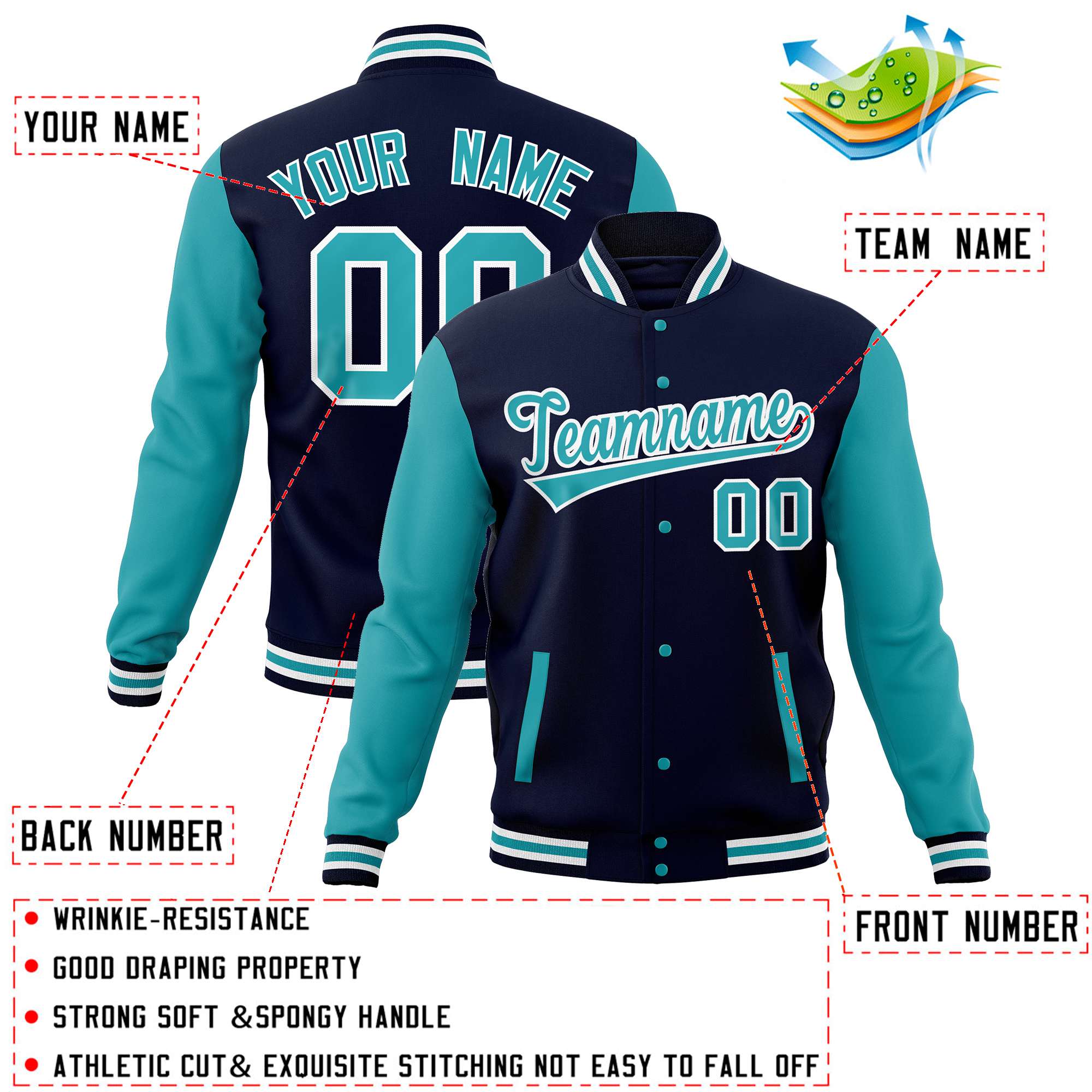 Custom Navy Aqua Varsity Full-Snap Raglan Sleeves Letterman Baseball Jacket